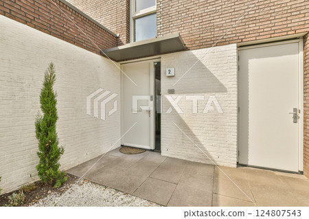 A stylish and modern entrance showcases a clean facade with a minimalist design, featuring plants and geometric lines that invite and intrigue. A stylish and modern entrance showcases a clean facade with a minimalist design, featuring plants and geometric lines that invite and intrigue. 124807543
