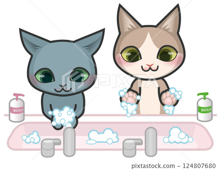 Two cat characters washing their hands with soap 124807680