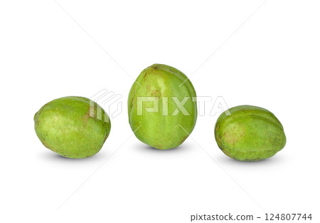 Chebulic Myrobalans, Myrolan Wood (Terminalia chebula Retz.) Fruit on white background, medicinal properties. 124807744