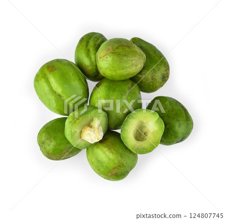 Chebulic Myrobalans, Myrolan Wood (Terminalia chebula Retz.) Fruit on white background, medicinal properties. 124807745