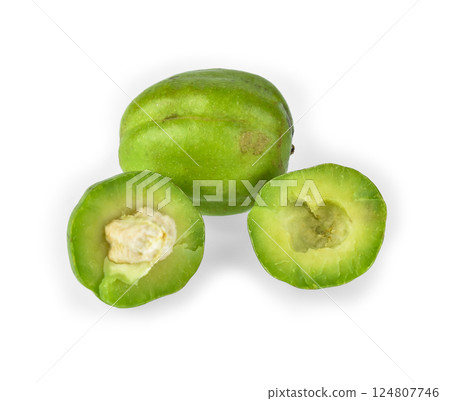 Chebulic Myrobalans, Myrolan Wood (Terminalia chebula Retz.) Fruit on white background, medicinal properties. 124807746