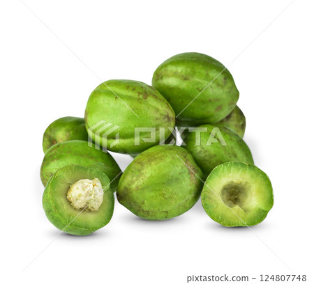 Chebulic Myrobalans, Myrolan Wood (Terminalia chebula Retz.) Fruit on white background, medicinal properties. 124807748