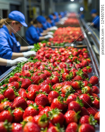 Strawberry production line: fresh harvested berries in factory process for distribution and quality control 124807891