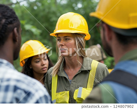 Team of engineers in safety gear collaborating on outdoor architectural project 124807902
