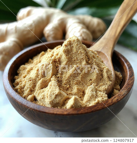 Aromatic organic ginger powder in rustic wooden bowl for culinary and herbal use 124807917