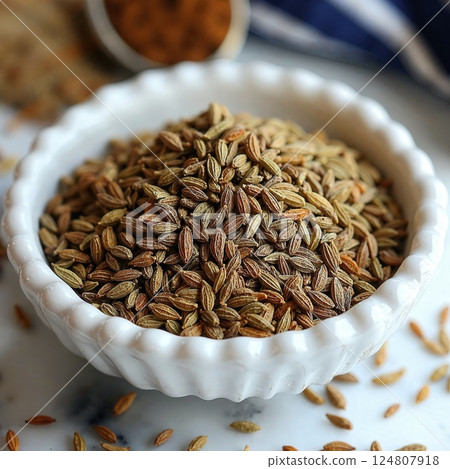 Aromatic spices in rustic white bowl - perfect for authentic culinary creations and seasoning inspiration 124807918