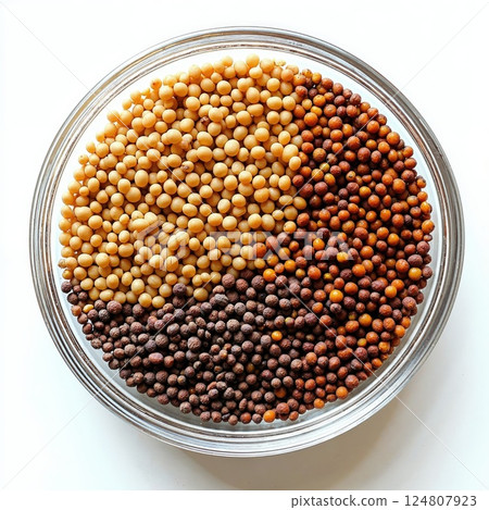 Assorted mustard seeds in glass bowl - culinary ingredient diversity and natural texture Assorted mustard seeds in glass bowl - culinary ingredient diversity and natural texture 124807923