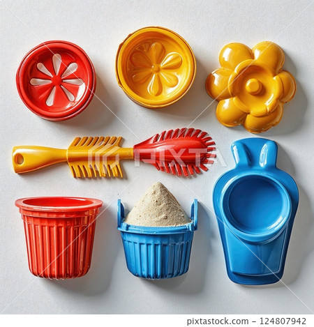 Bright plastic beach toys set for creative play and sand exploration 124807942