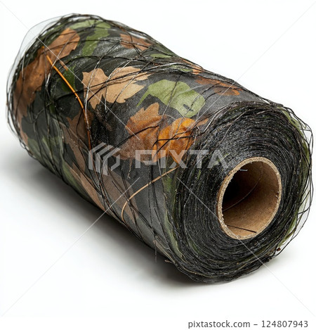 Camouflage netting roll for outdoor hunting and nature enthusiasts with autumn leaf pattern 124807943