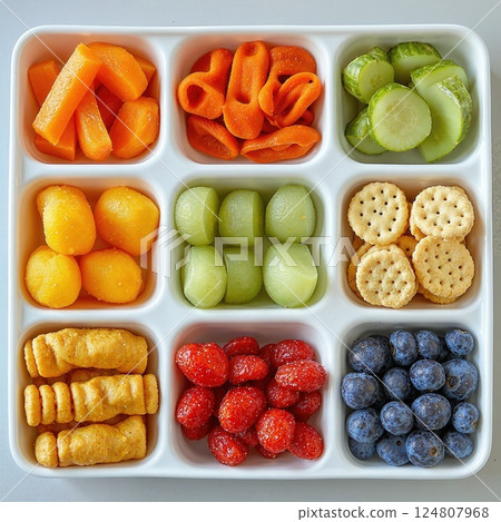 Colorful assorted snacks in grid layout for healthy eating inspiration 124807968