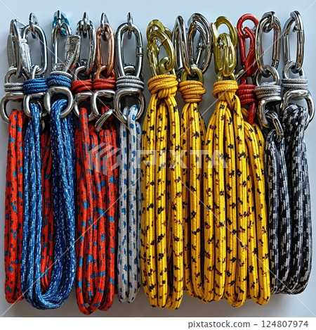 Colorful climbing gear collection with carabiners for outdoor adventure enthusiasts and safety applications 124807974