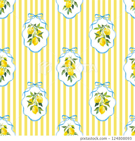 Beautiful vector seamless checkered pattern with bows and lemons. Composition with vintage bows and handmade ribbons. Blue ribbon on a yellow striped background. 124808093