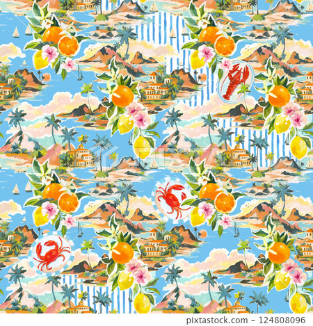 Beautiful vector tropical seamless pattern with hand drawn paradise islands with mountains and palm trees on beaches with ocean and clouds in sky. Ready tropical print design. 124808096