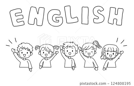 Illustration of the word ENGLISH and children raising their hands (line drawing) Illustration of the word ENGLISH and children raising their hands (line drawing) 124808195