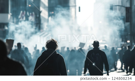 A crowd of people gathers in a smoky urban street during a protest, their silhouettes framed by hazy light and raised signs 124808234