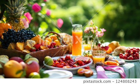 summer picnic table is filled with fresh fruits, juices, and pastries, set outdoors in a lush green garden summer picnic table is filled with fresh fruits, juices, and pastries, set outdoors in a lush green garden 124808243