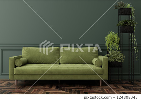 Contemporary interior showcasing a plush green sofa that offers comfort and style. A tall plant stand filled with greenery enhances the ambiance of the room. Empty wall for picture display. 3D render. 124808345