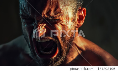 Intense Portrait of Angry Screaming Man Intense Portrait of Angry Screaming Man 124808406