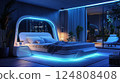 Futuristic Bedroom with Neon Blue Lighting 124808408