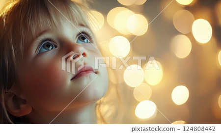 Enchanting Portrait of a Child Gazing at Lights Enchanting Portrait of a Child Gazing at Lights 124808442