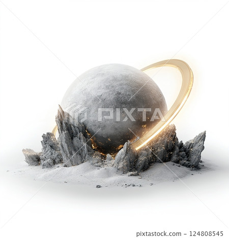 A unique planet features glowing golden rings made of floating crystal dust, surrounded by rugged terrain, set against a stark white backdrop. This composition enhances its celestial beauty A unique planet features glowing golden rings made of floating crystal dust, surrounded by rugged terrain, set against a stark white backdrop. This composition enhances its celestial beauty 124808545