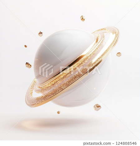 This artwork showcases a futuristic planet with brilliant golden rings composed of shimmering crystal dust. The unique celestial design evokes a sense of wonder and exploration 124808546