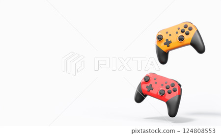 Realistic colorful video game joysticks or gamepads with color buttons on white 124808553