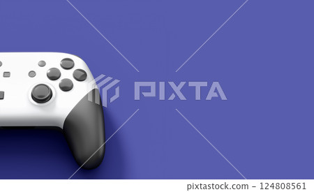Realistic white video game joystick or gamepad on violet background 124808561