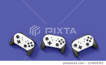 Realistic white video game joysticks or gamepads on violet background 124808562