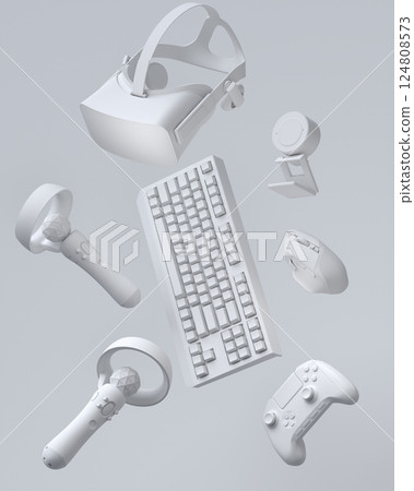 Top view gamer gears like joystick, keyboard, headphones and web camera 124808573