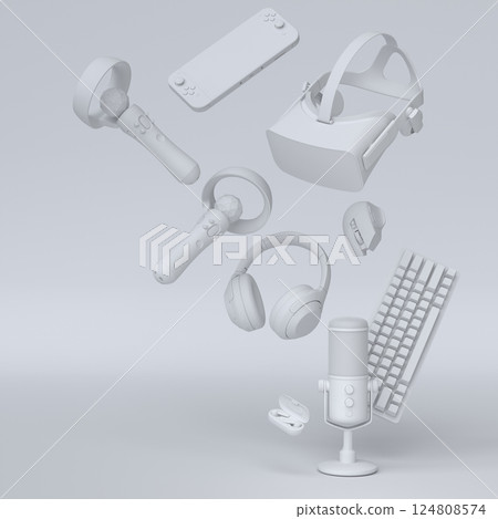 Top view gamer gears like joystick, keyboard, headphones and microphone 124808574