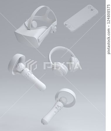 Top view gamer gears like joystick, microphone, headphones and VR glasses 124808575