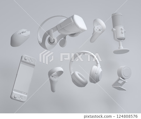 Top view gamer gears like joystick, microphone, headphones and VR glasses 124808576