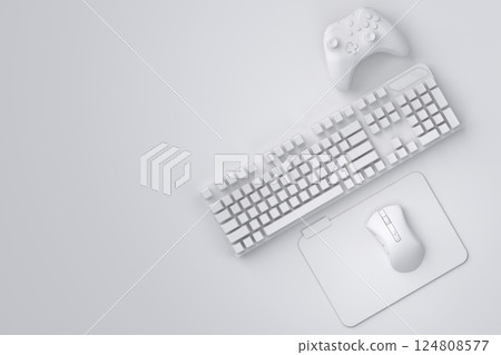 Top view gamer gears like joystick, keyboard and mouse on monochrome background. 124808577