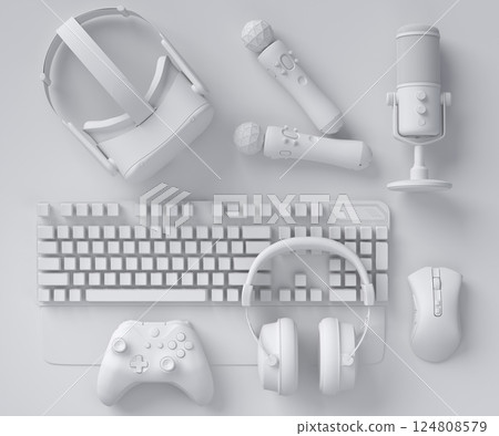 Top view gamer gears like joystick, keyboard, headphones and phone 124808579
