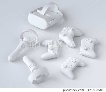 Set of lying gamer joysticks or gamepads on monochrome background Set of lying gamer joysticks or gamepads on monochrome background 124808586