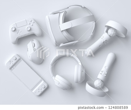 Top view gamer gears like joystick, mouse, headphones and VR glasses Top view gamer gears like joystick, mouse, headphones and VR glasses 124808589
