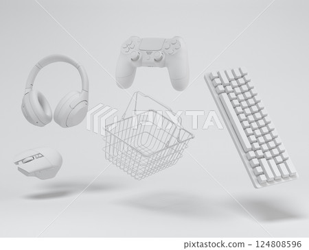 Gamer gears like mouse, keyboard, joystick, headset, VR, web camera in basket 124808596