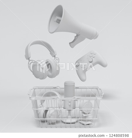 Gamer gears like mouse, keyboard, joystick, headset, VR, web camera in basket 124808598