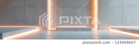 A spacious concrete corridor features soft glowing LED strips along the edges, creating an inviting atmosphere. The moody lighting enhances the futuristic aesthetic, perfect for various applications 124808607