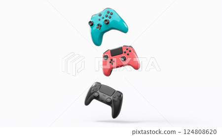 Realistic colorful video game joysticks or gamepads with color buttons on white 124808620