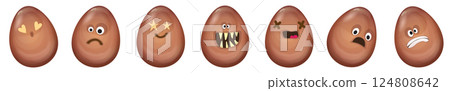 Chocolate Easter Eggs set - Cartoon Characters with Varied Facial Expressions, Humorous Holiday Set for Spring Celebrations and Easter Greetings 124808642