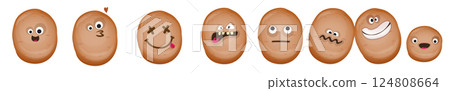 vector funny cartoon smiling potato character set isolated on white background. Funky Potato collection face with different expressions smiling, sad, angry, funny face. vegetable funky character set 124808664