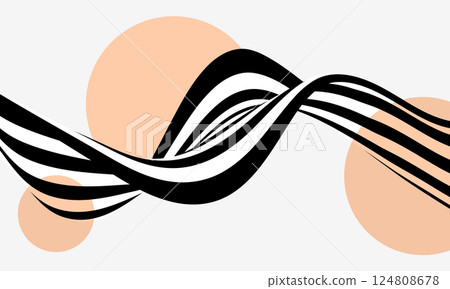 Dynamic black and white wavy lines intertwine over peach circles on a light gray backdrop, suitable for modern graphic design. 124808678