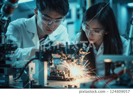 Innovative young engineers in lab engaging in cutting-edge robotics and technology development 124809057