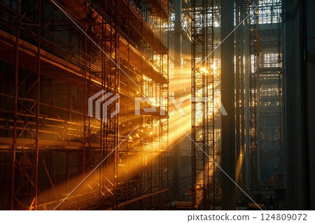 Majestic sunrise illuminating industrial construction site with scaffolding and symmetrical structures 124809072