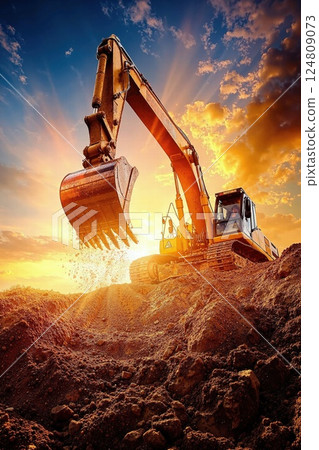 Majestic sunrise over heavy-duty excavator in action: earthmoving machinery at construction site 124809073
