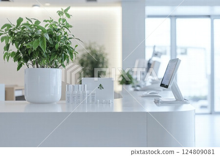 Minimalist office reception with modern decor and natural elements for a calm and inviting ambiance 124809081