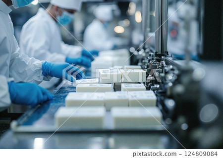 Modern cheese production process in hygienic factory setting with automated machinery and workers 124809084