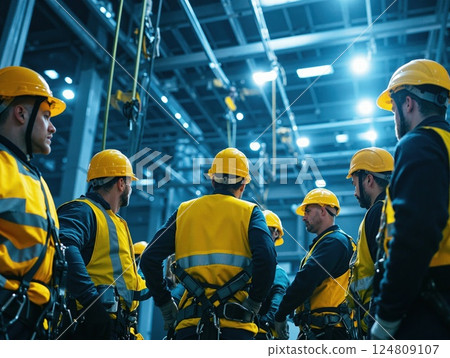Teamwork in construction: workers with safety gear and equipment in modern industrial site 124809107